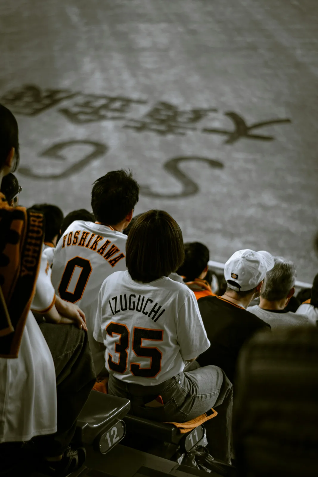 Fans in Giants jerseys watching a game from the stands