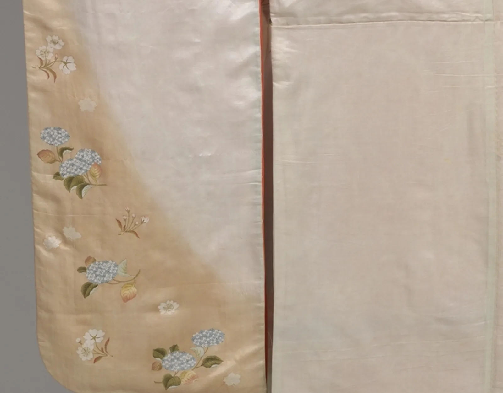 Kimono silk shaded from apricot to white, with hand-dyed hydrangeas and cherry blossoms