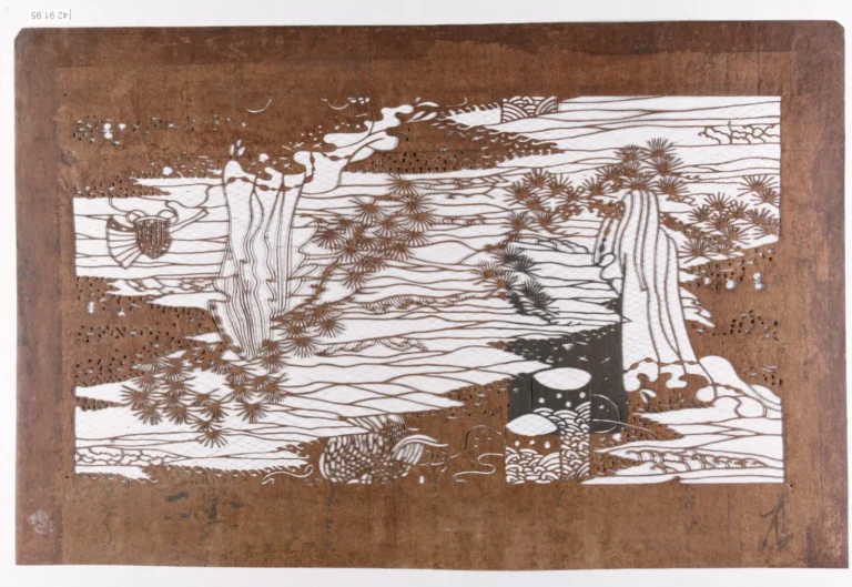 A carved paper dye stencil with pines and a scene from the play Matsukaze