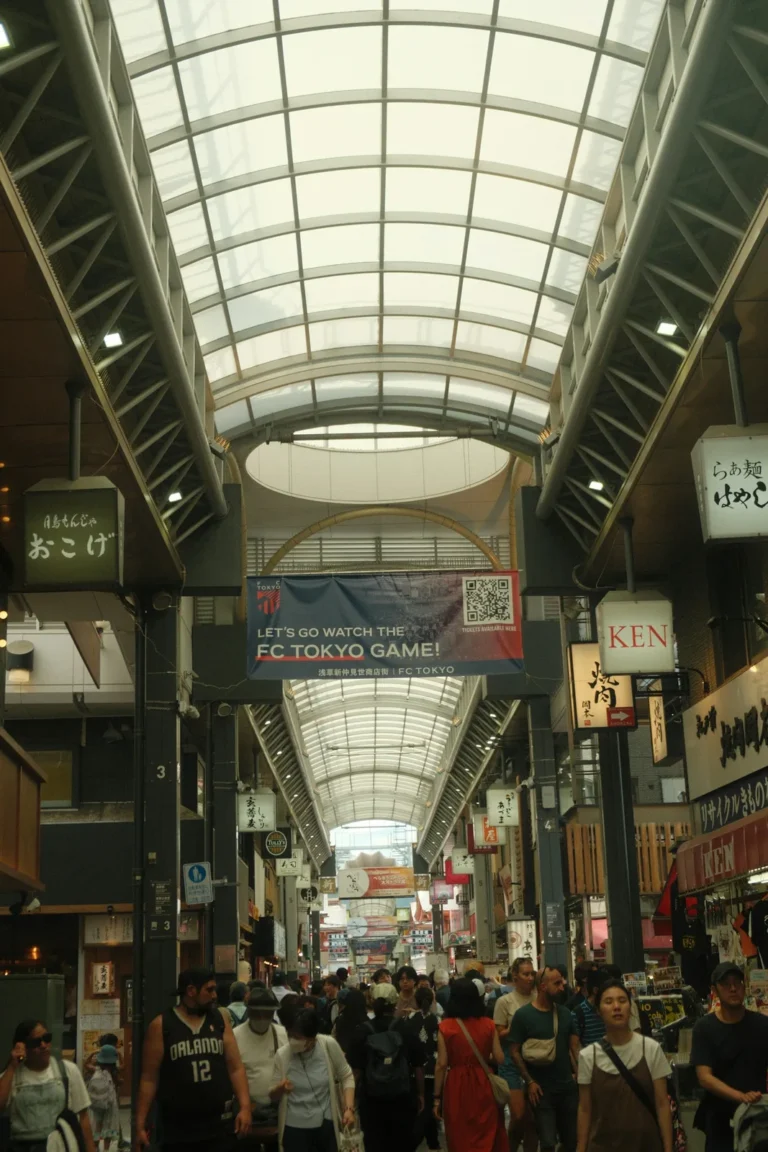 Crowded shopping street with a glass roof