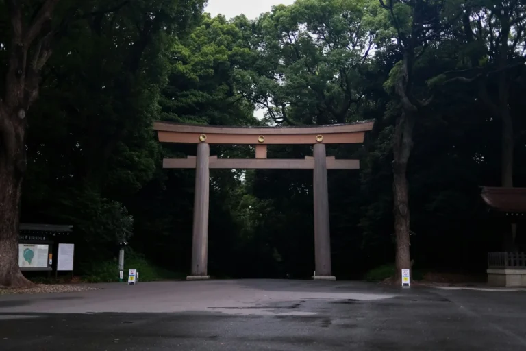 A large wooden torii gate at the entrance to a dense forest in Tokyo