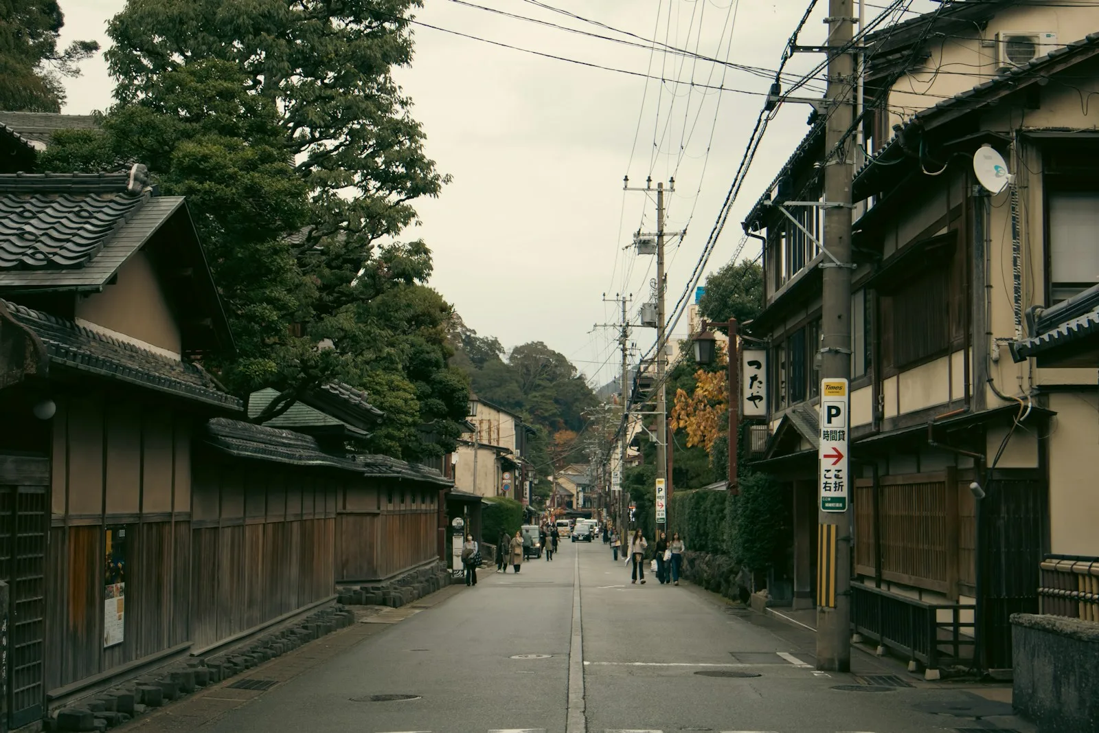 A quiet street of traditional wooden houses in Japan
