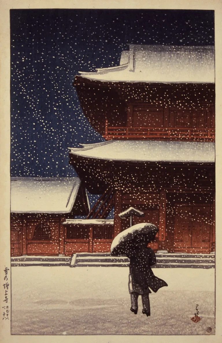 Snow at Zōjō-ji, Shiba, a shin-hanga woodblock print by Kawase Hasui