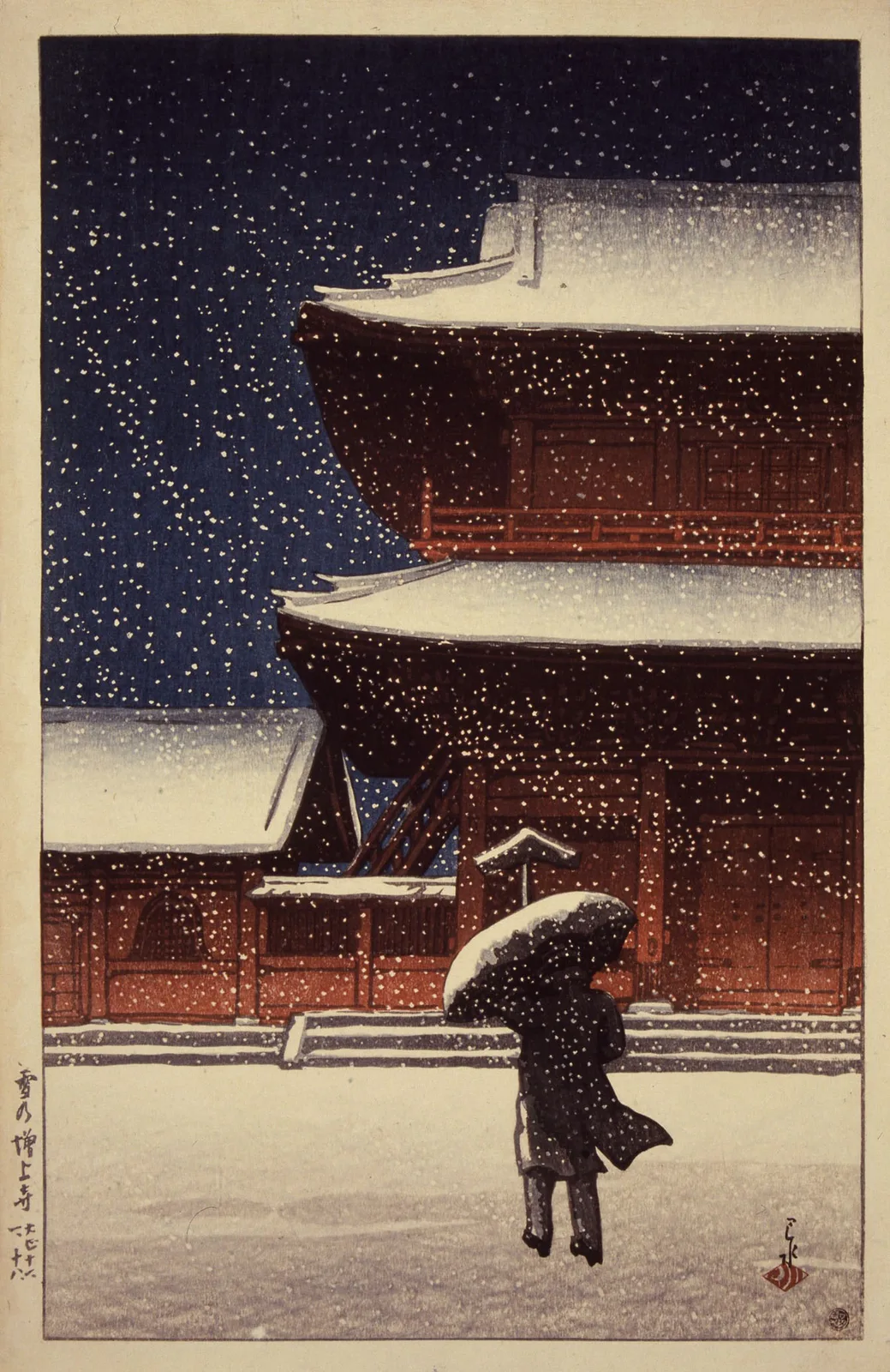Snow at Zōjō-ji, Shiba, a shin-hanga woodblock print by Kawase Hasui