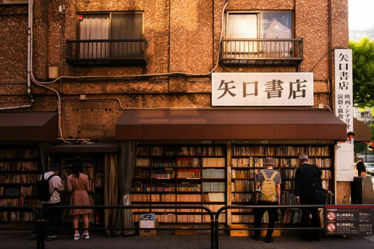 a couple of people that are standing in front of a book store